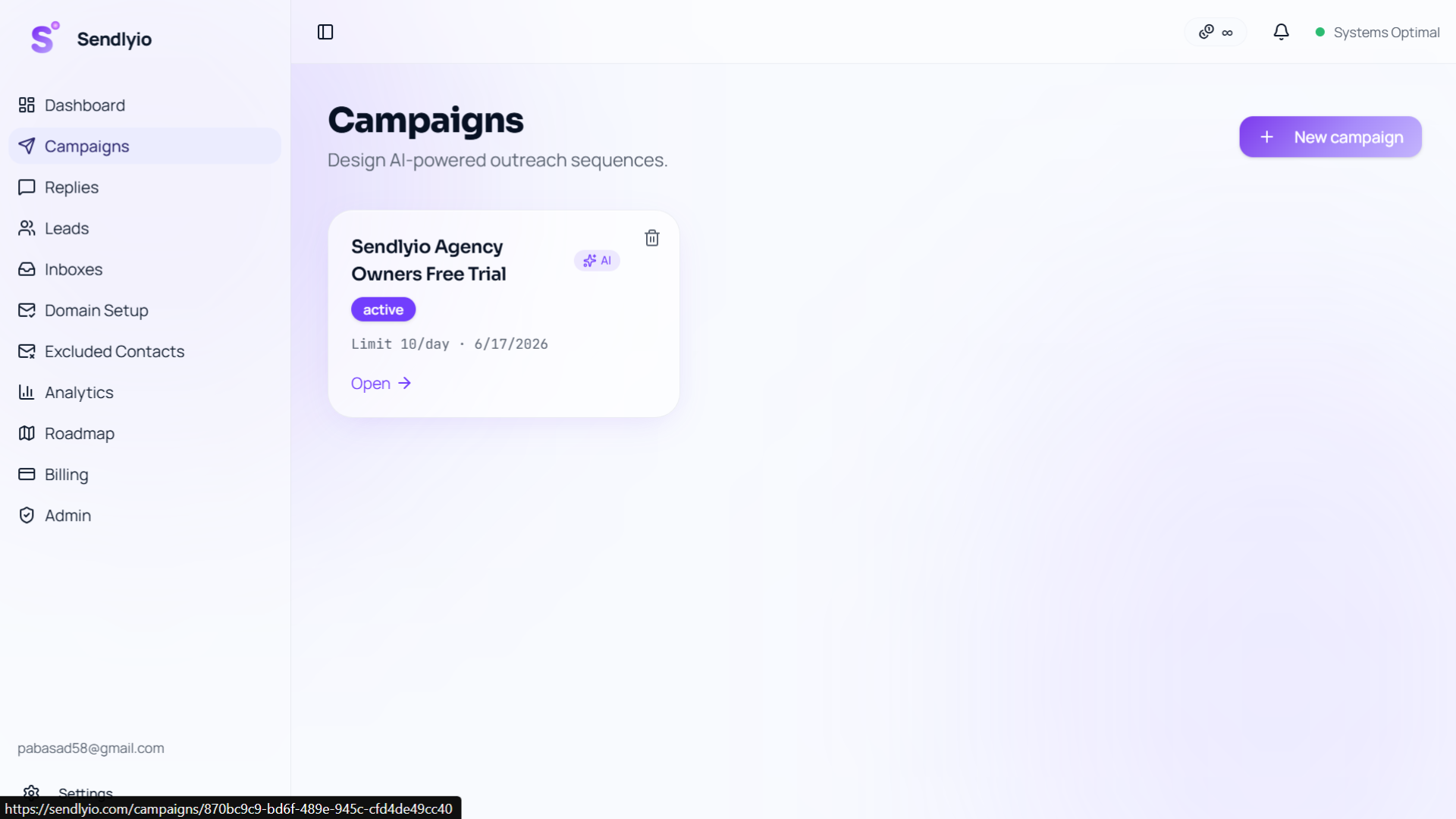 Sendlyio campaigns dashboard showing AI-powered cold email outreach sequences, with an active campaign card. thumbnail