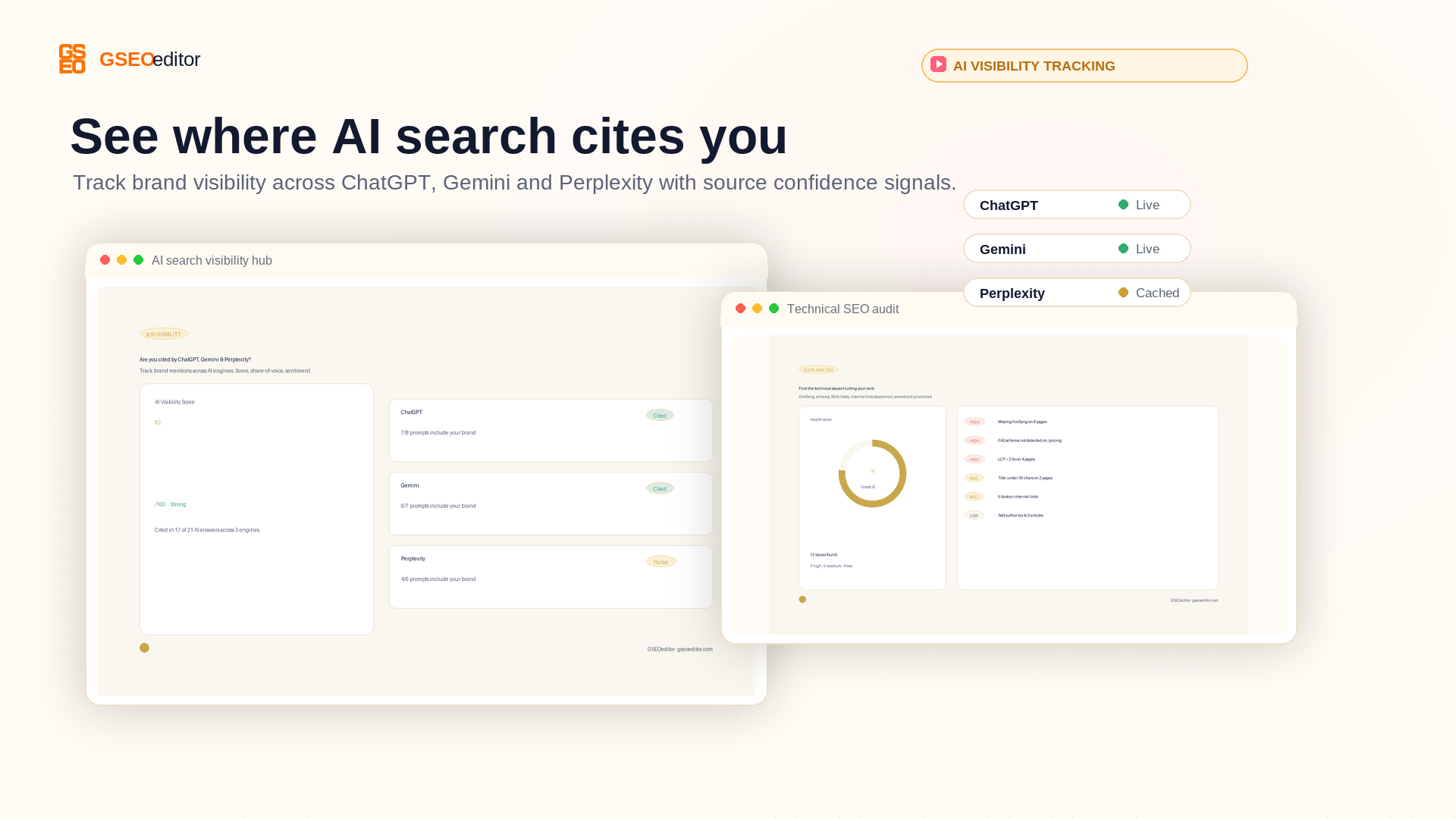 AI visibility monitor tracking brand citations across ChatGPT, Gemini and Perplexity.