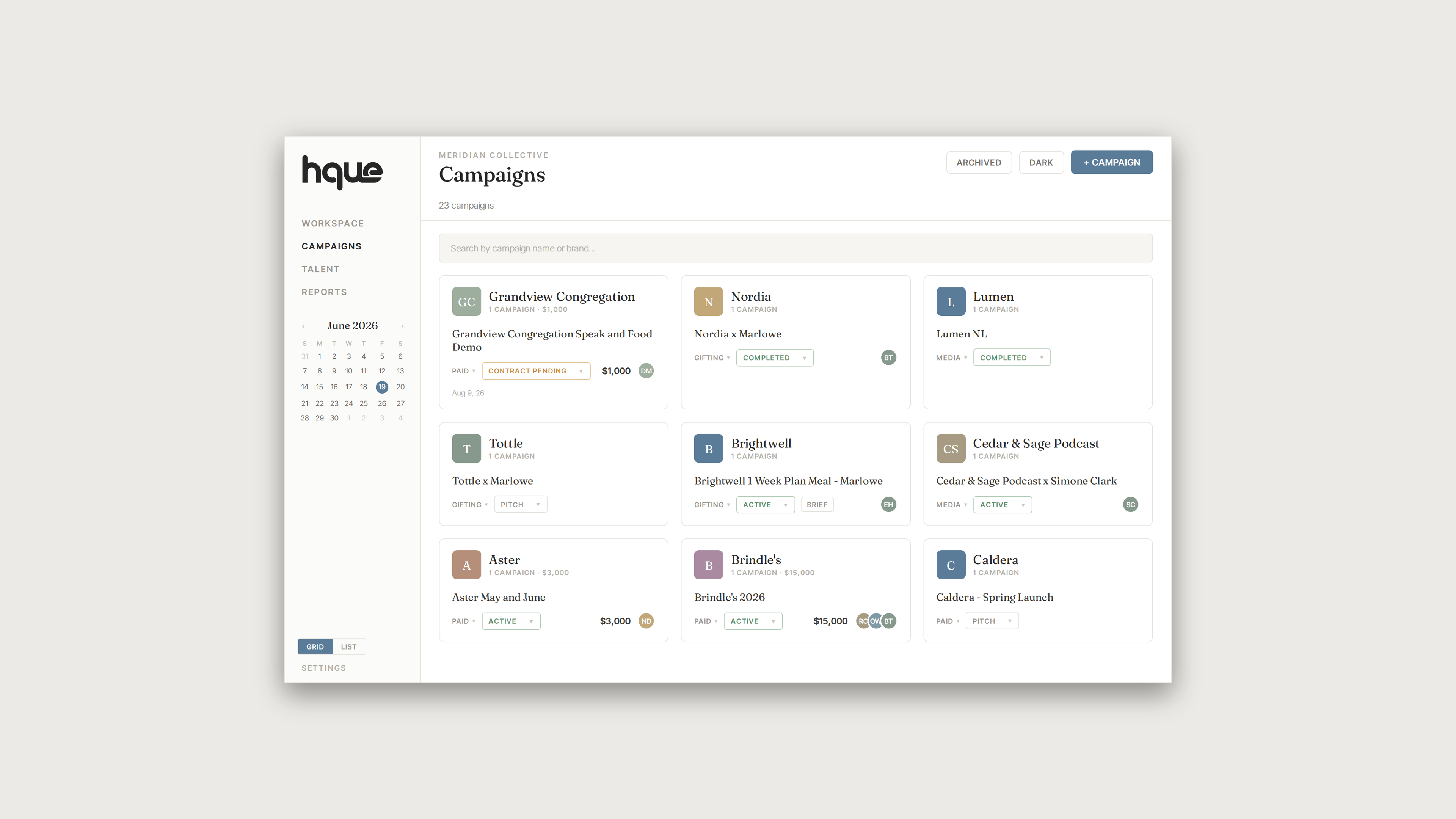 HQUE platform Campaigns view showing a grid of brand campaign cards with status, budget, and assigned talent. thumbnail
