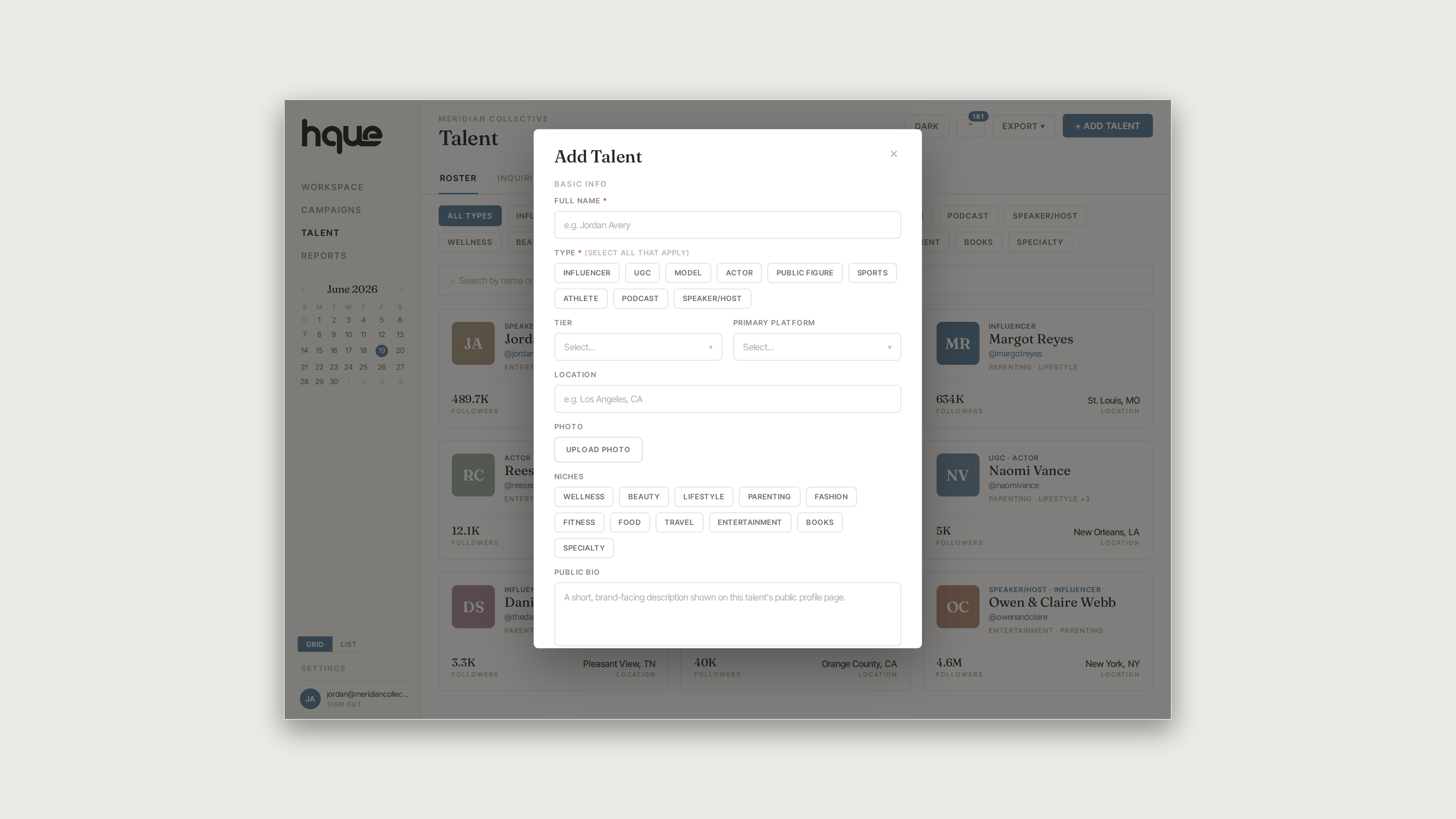 HQUE platform Add Talent modal with fields for name, type, location, niches, bio, and social handles, over the dimmed talent roster. thumbnail