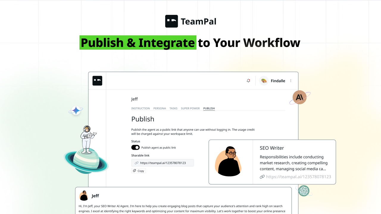Share your AI agents via link and use them across any process.