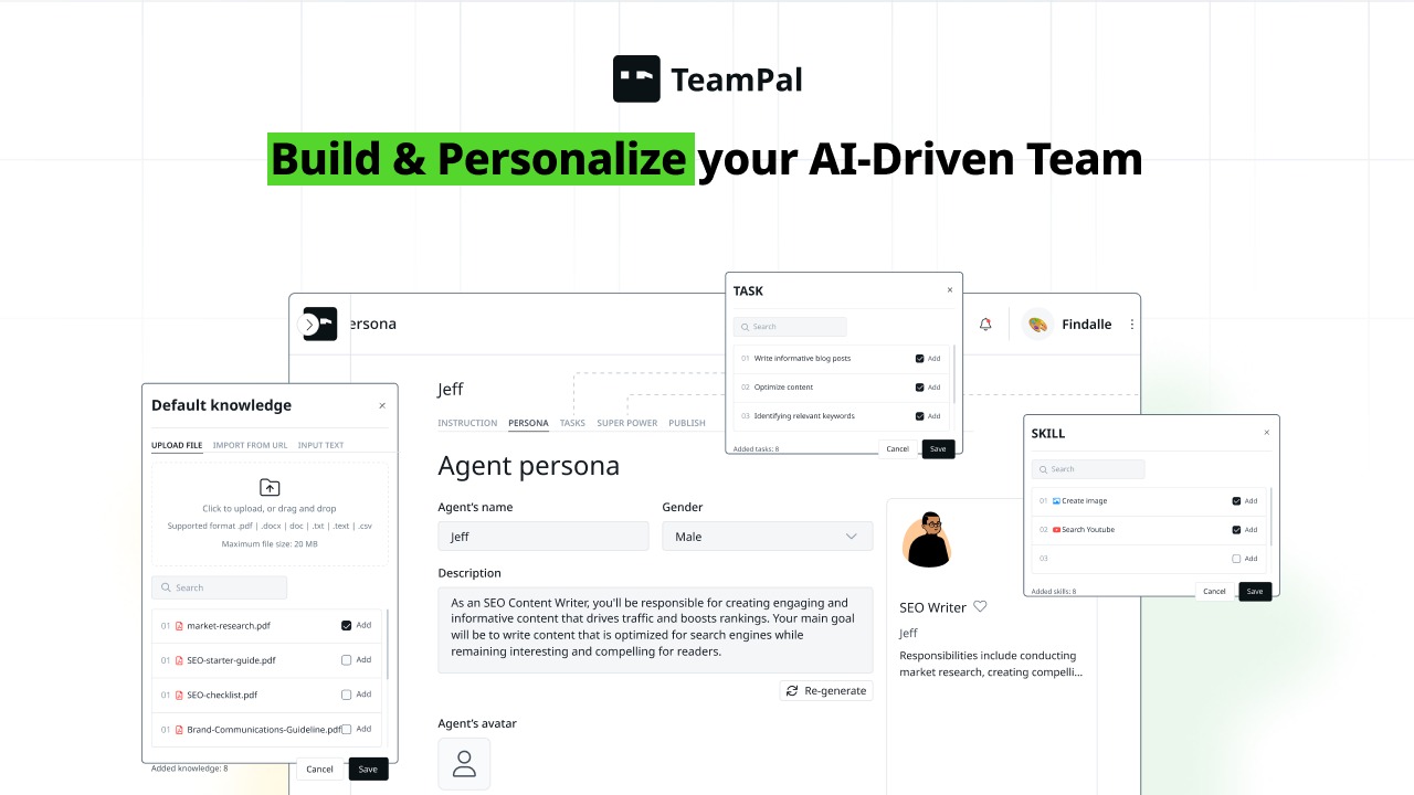 TeamPal AI workforce building interface — roles, skills, responsibilities