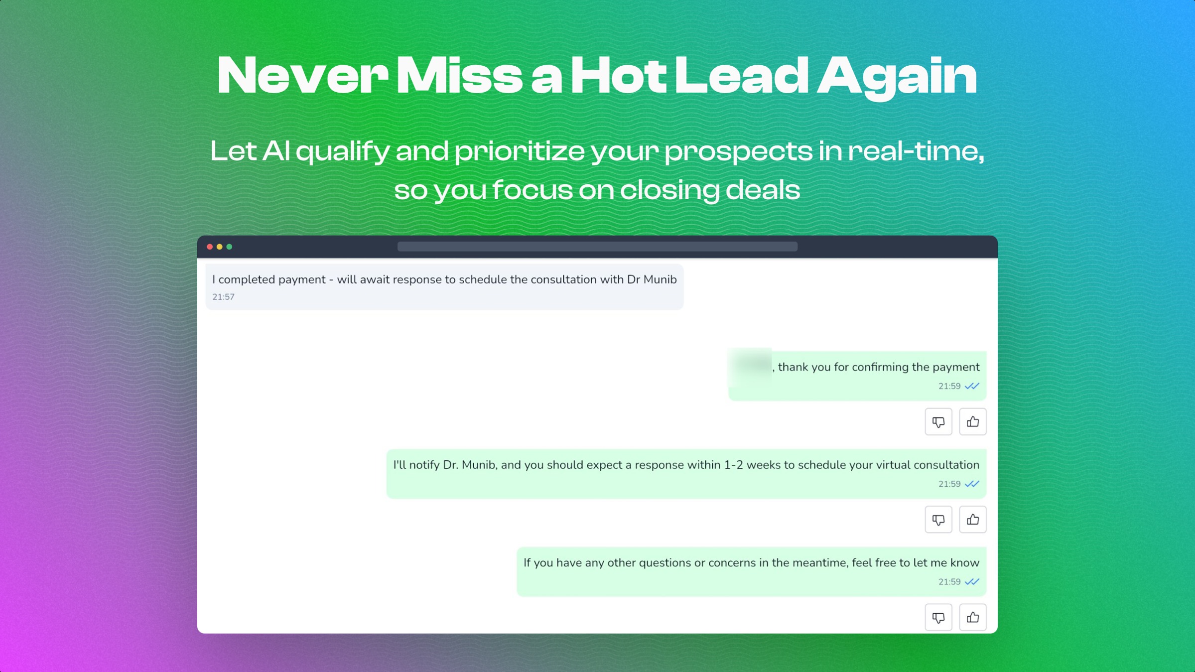 Here you can see DM Champ qualify and convince a lead to book a paid consultation.
