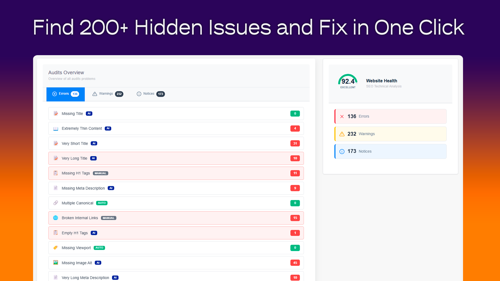 SEOPilot technical SEO audit dashboard showing prioritized site issues and bulk fix tools. thumbnail