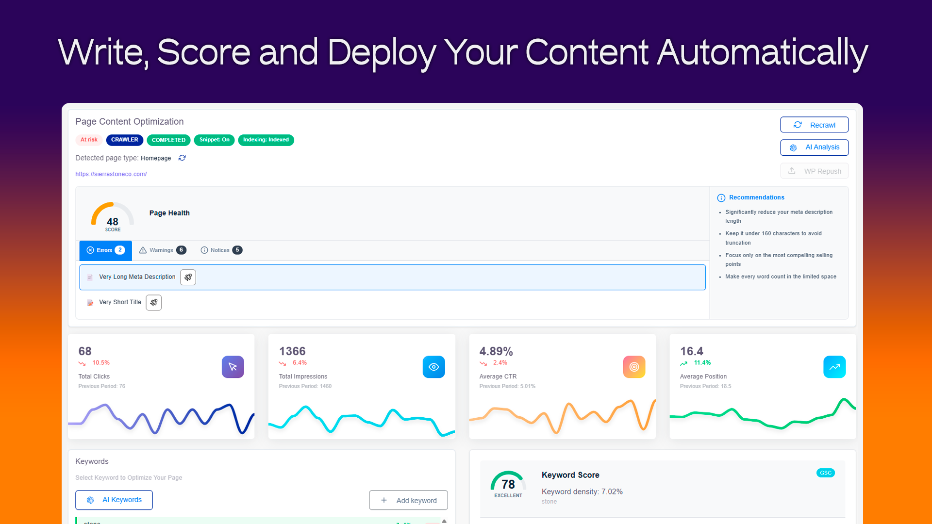 SEOPilot interface for page optimization combining technical SEO, AI visibility, and publishing workflows.