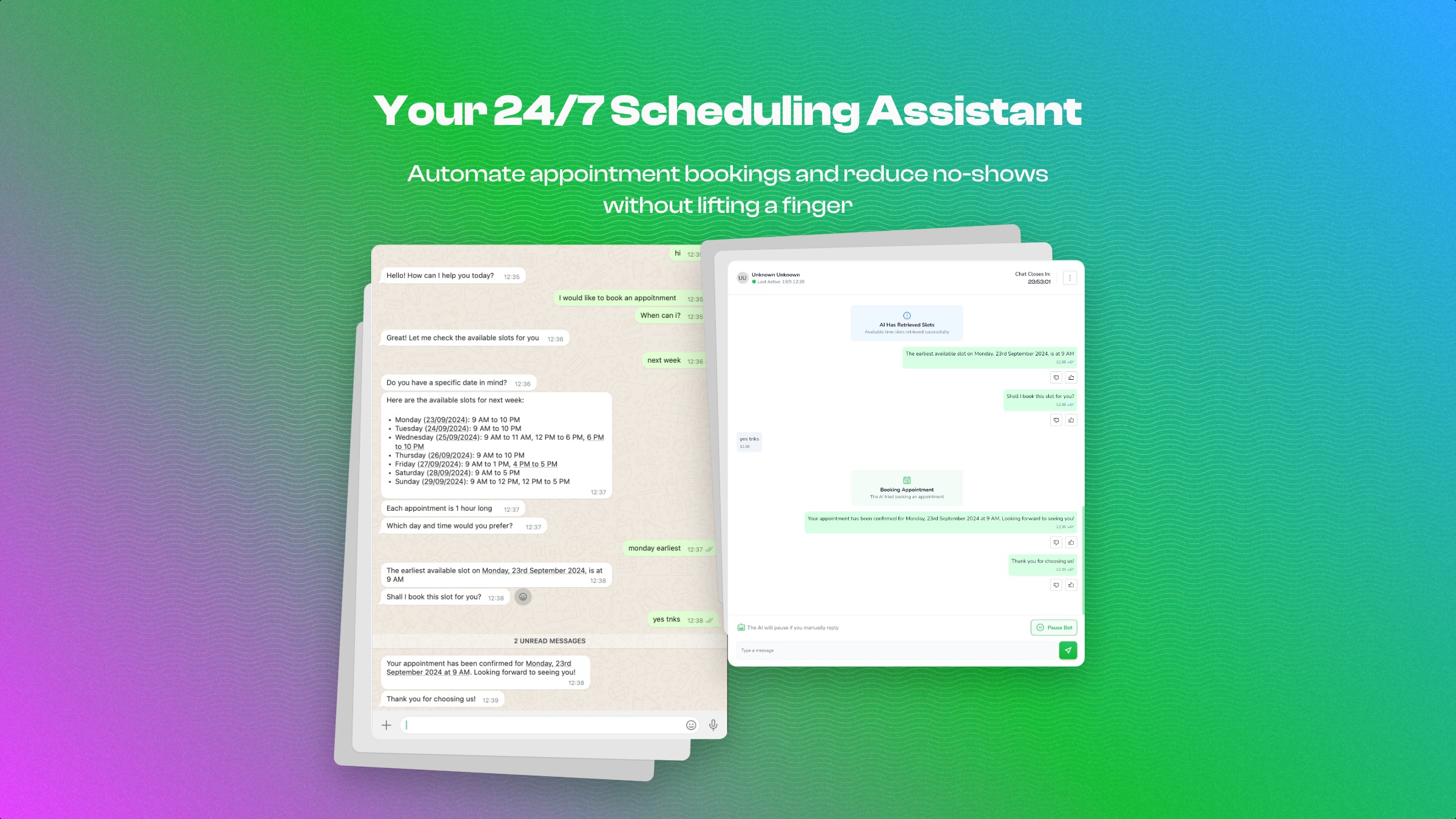 See how DM Champ suggests available slots, confirms bookings, and updates your calendar automatically.