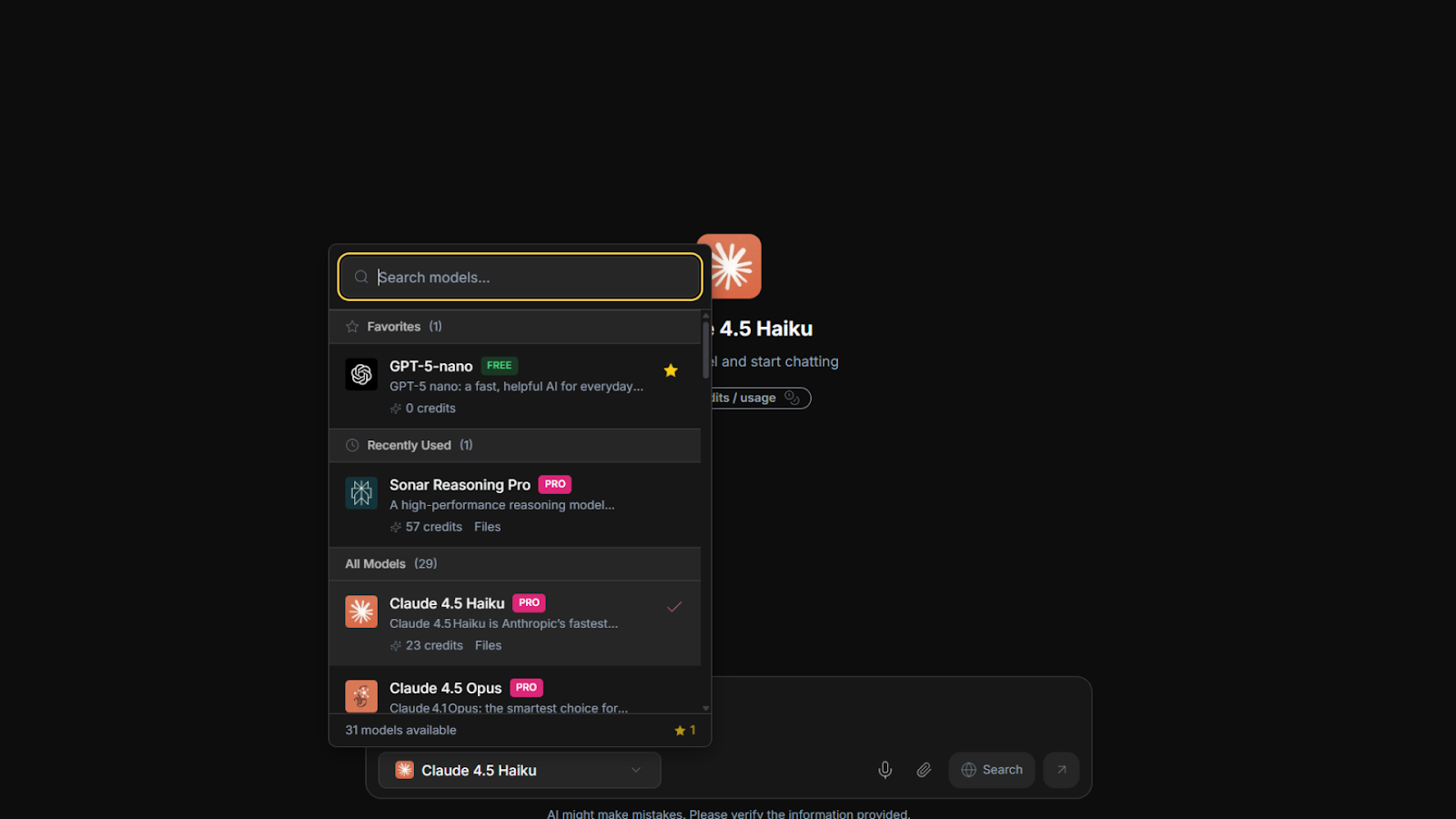 Model selection interface