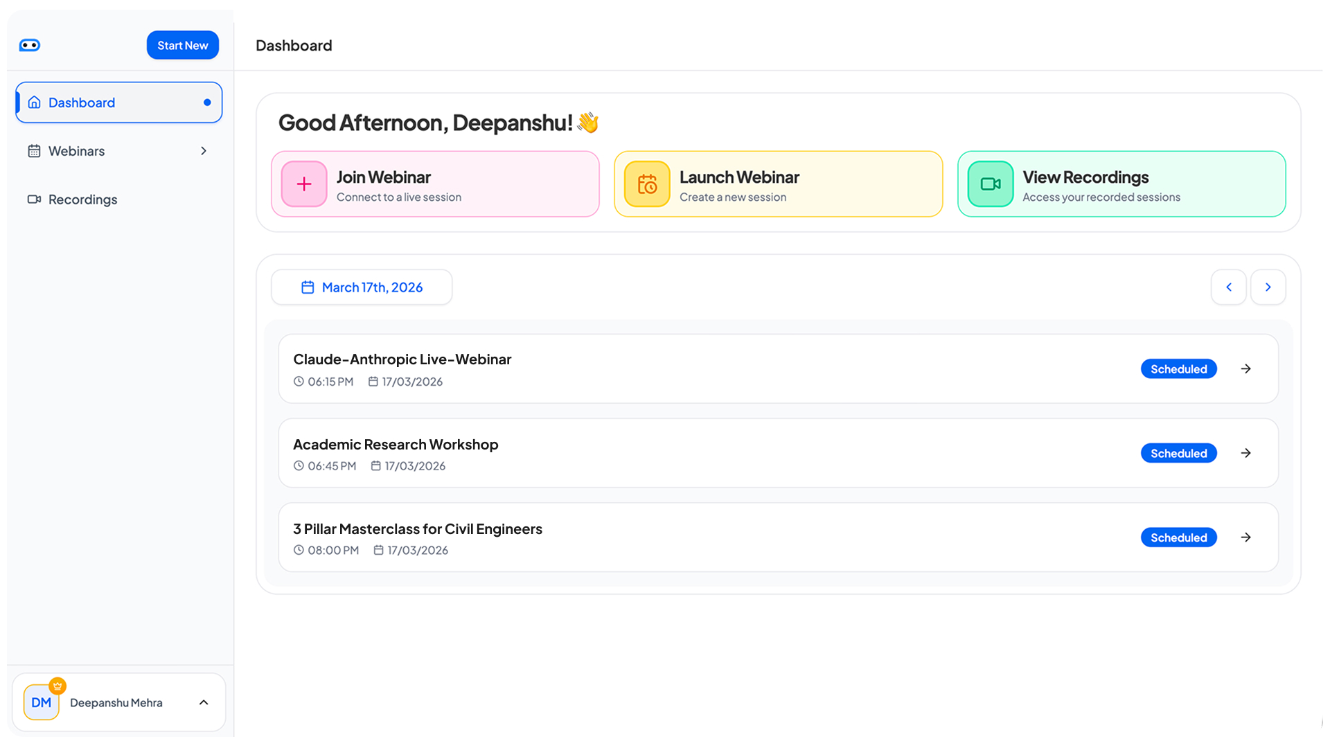 Webinars dashboard