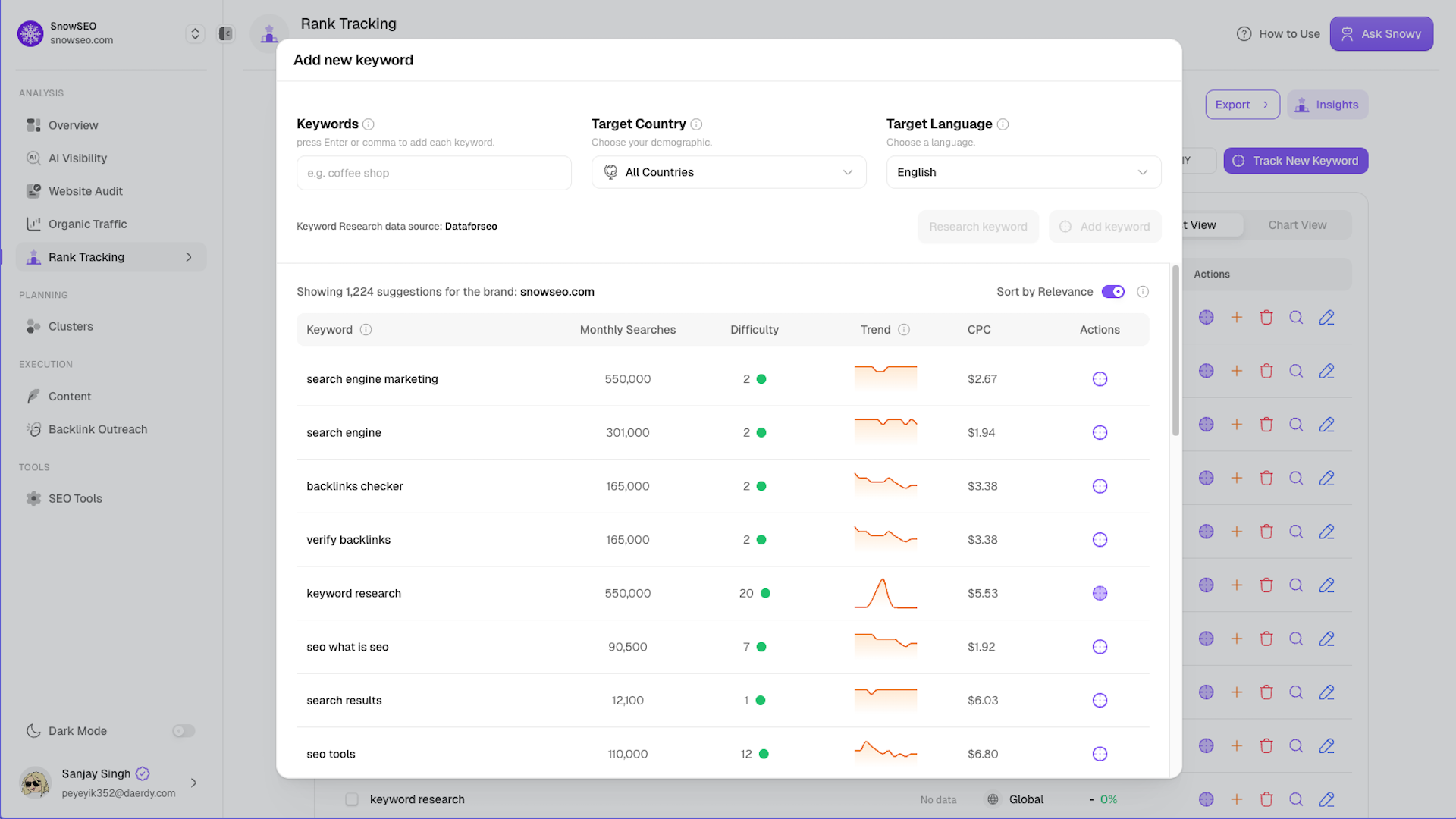 SnowSEO Rank Tracking Dashboard