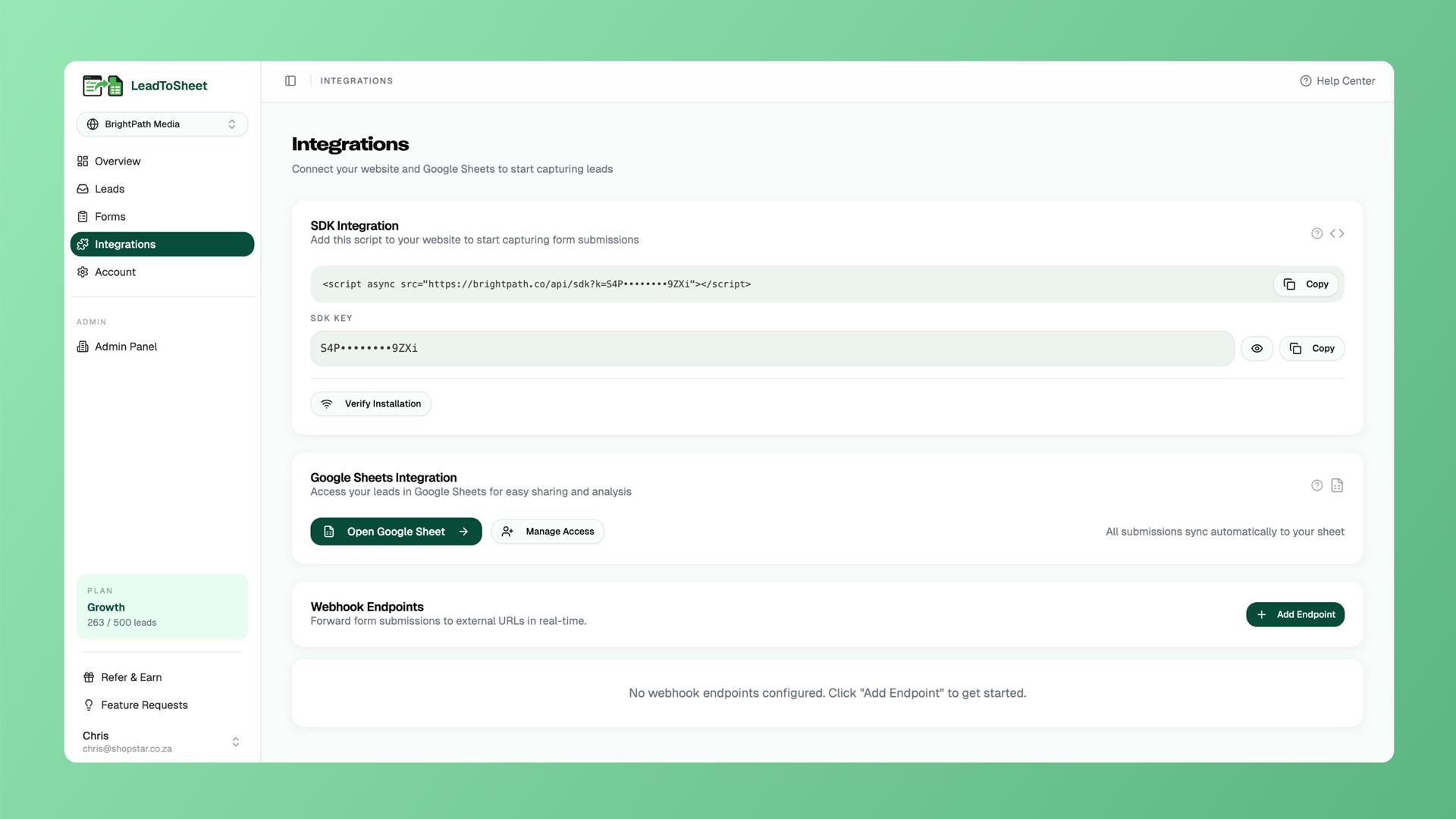 LeadToSheet integrations and webhook setup page