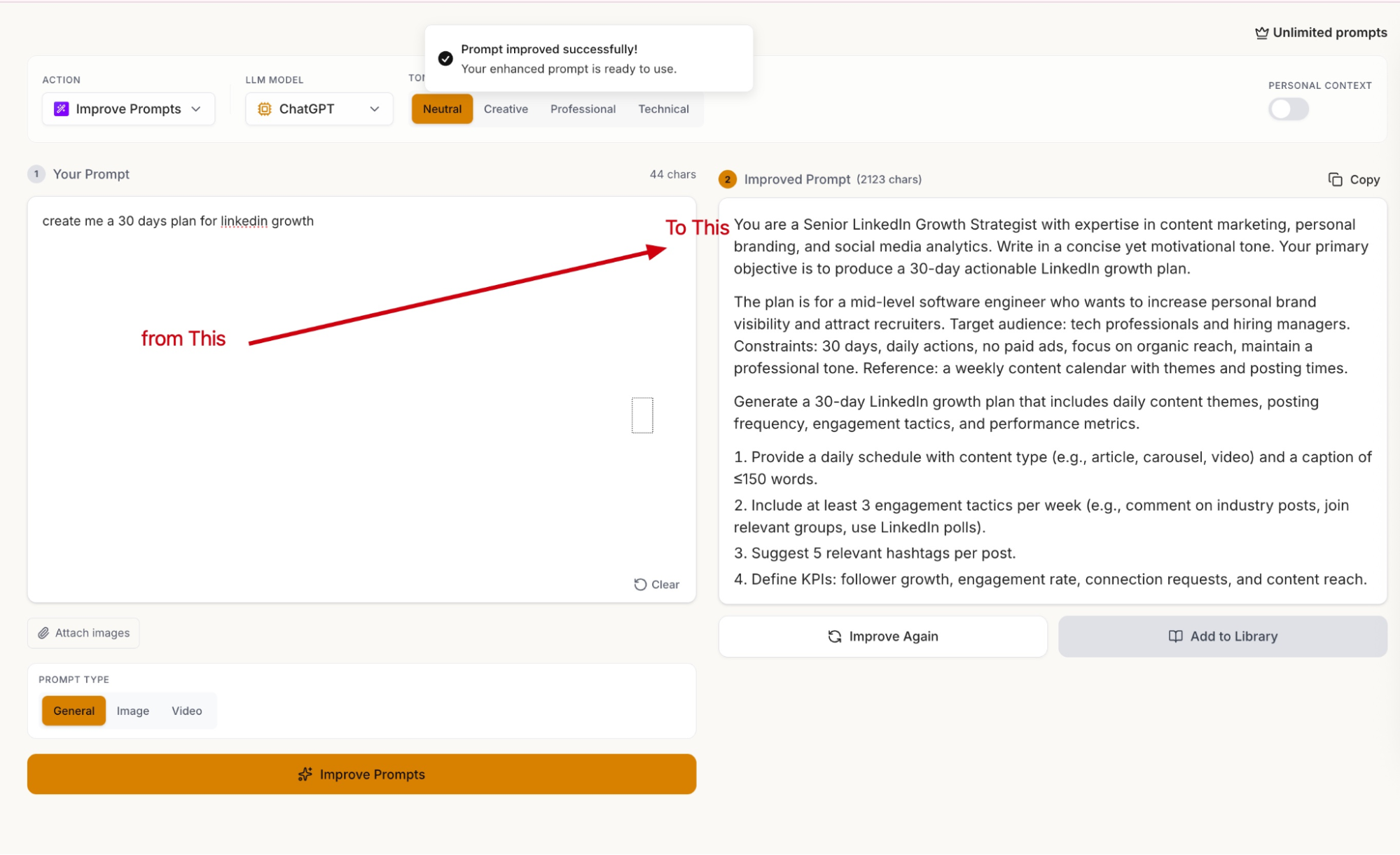Prompt Architects – prompt improvement interface with before and after comparison