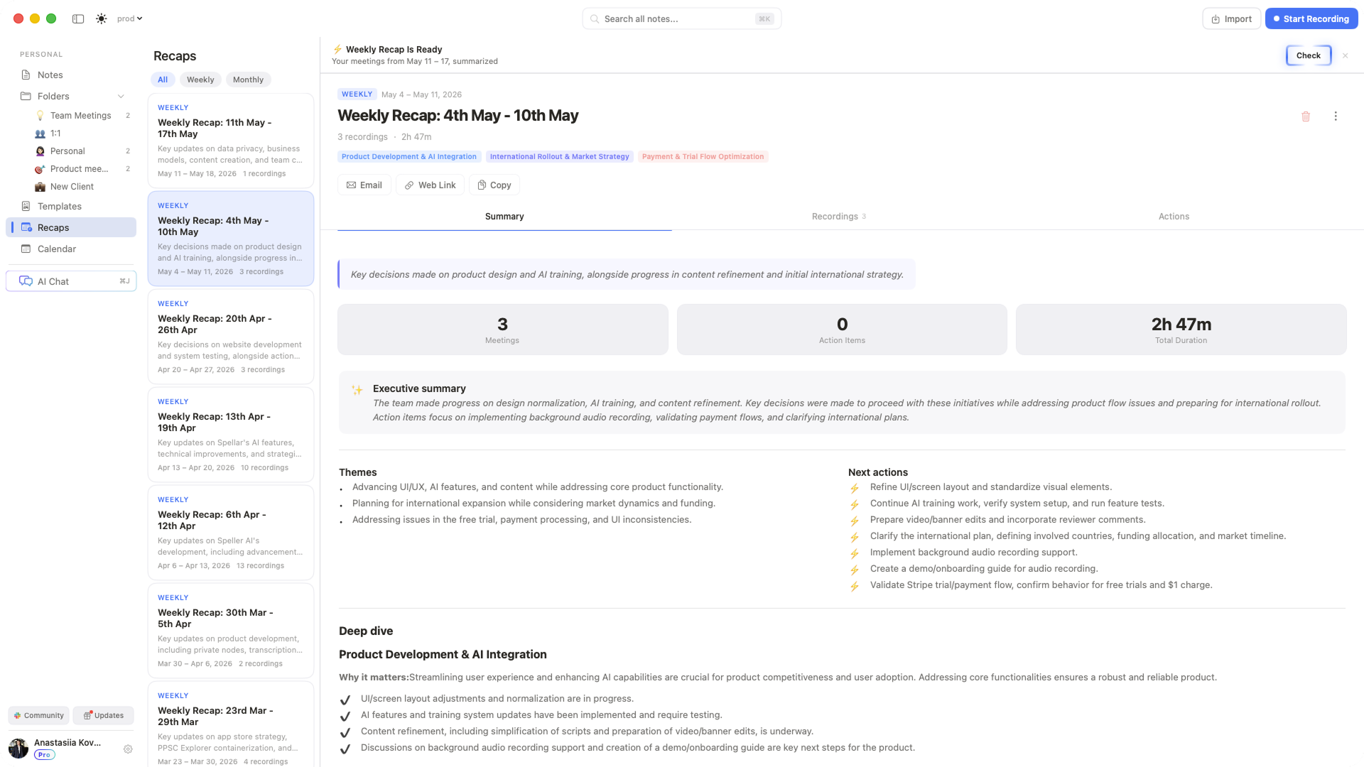 Weekly Recaps dashboard