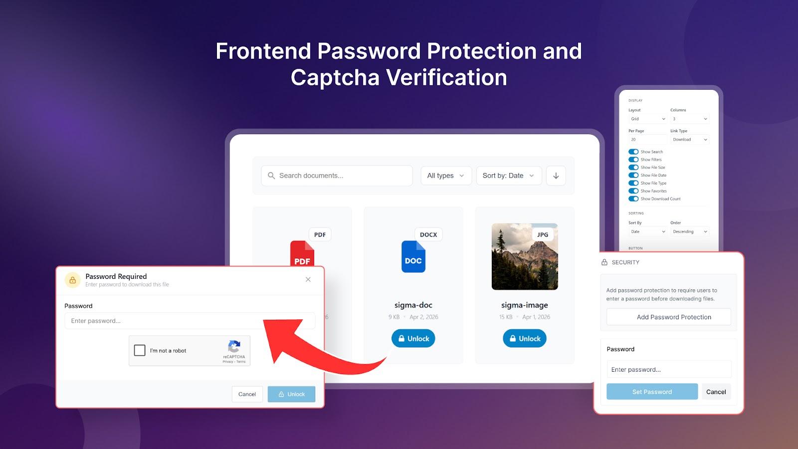 Password protection and captcha thumbnail