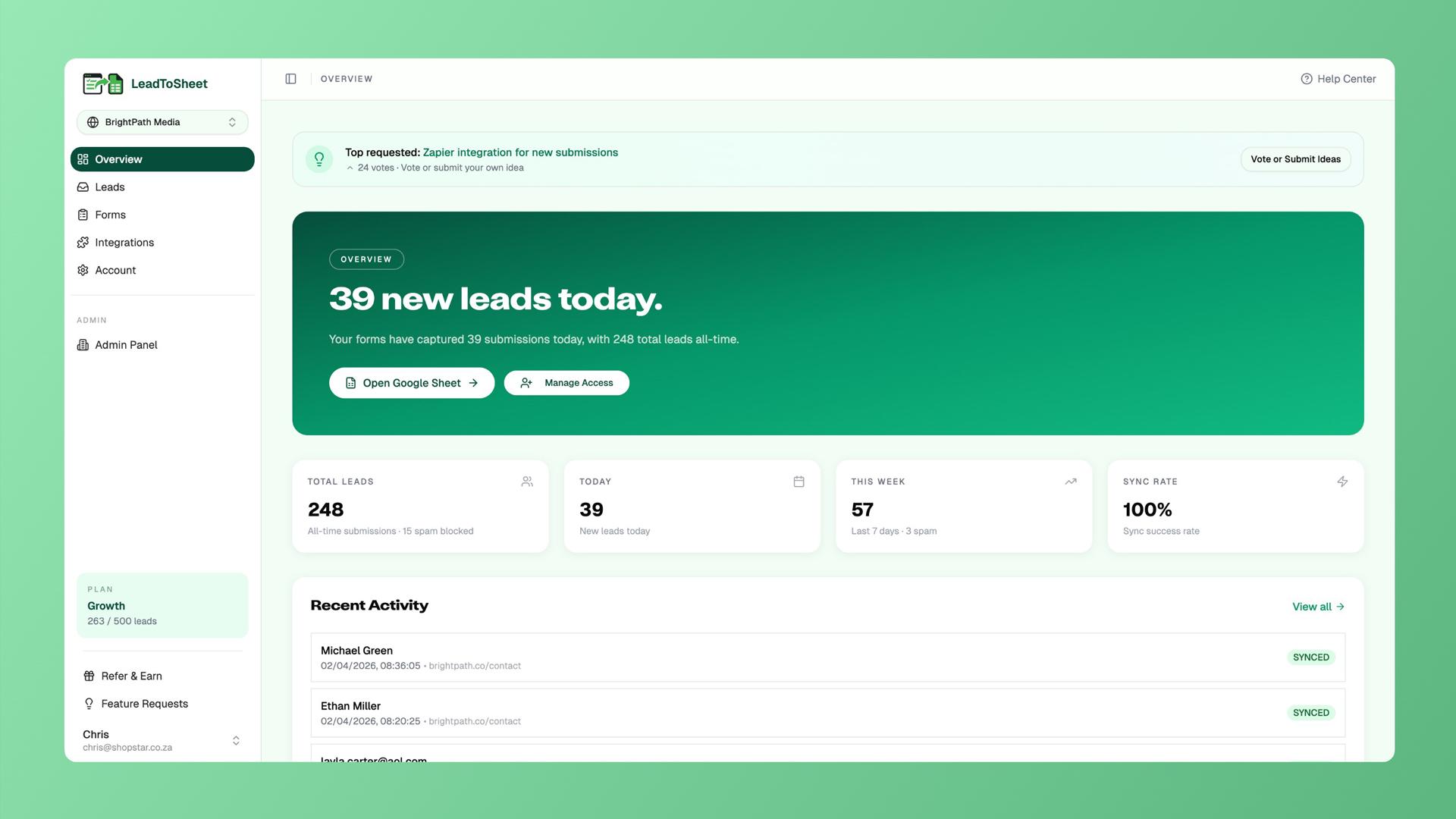 LeadToSheet leads overview and attribution data