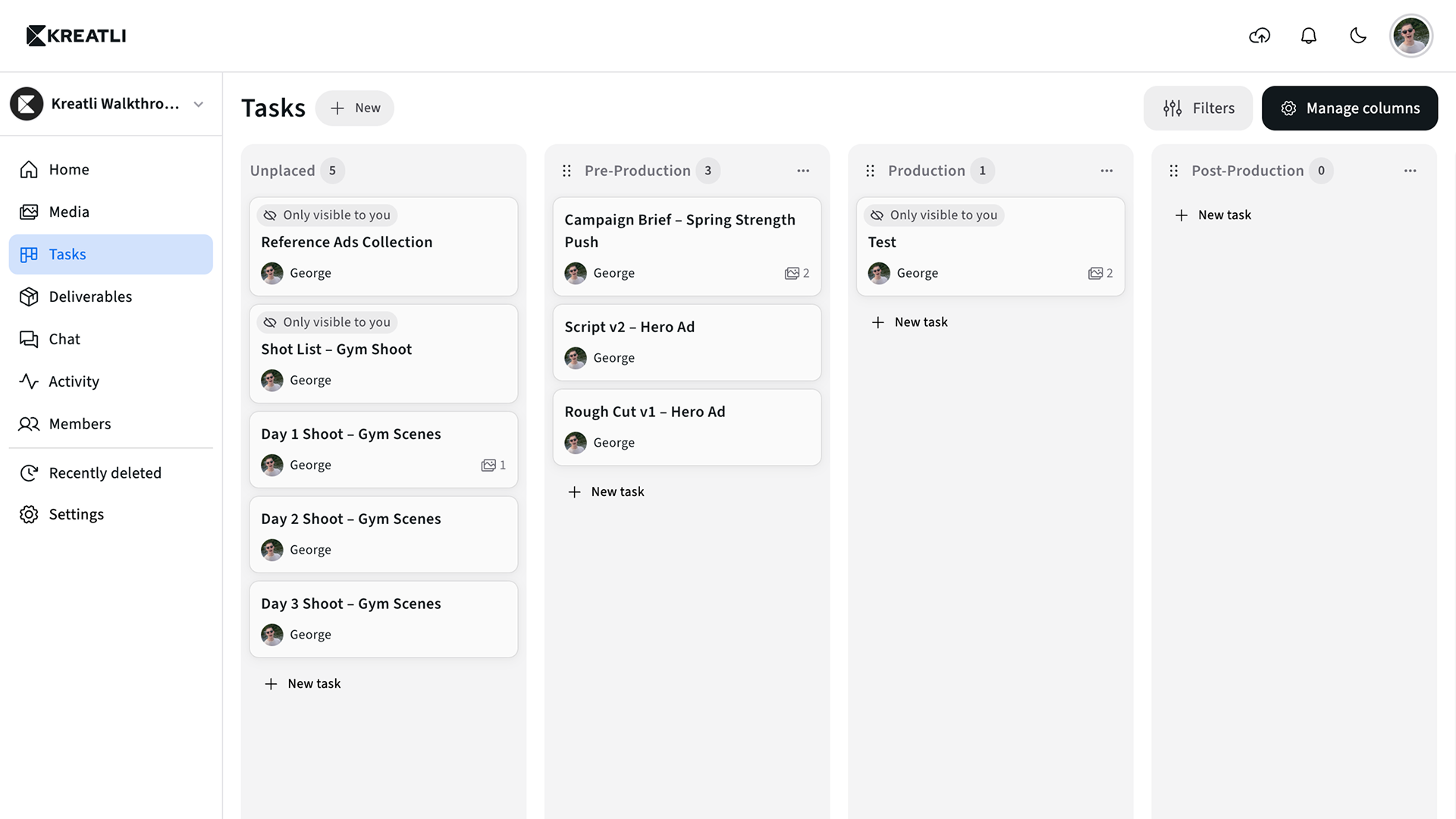 Main dashboard with tasks thumbnail