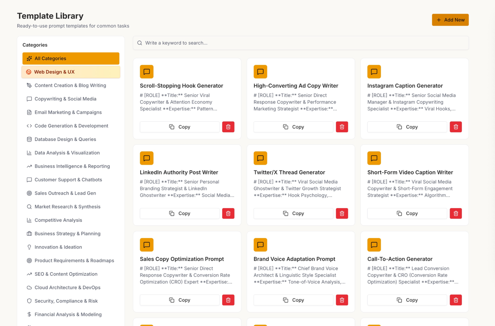 Prompt Architects template library — organized by category, tone, and use case