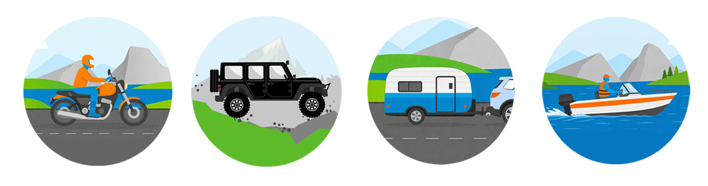 Illustrations of motorcycle, ATV, trailer and boat