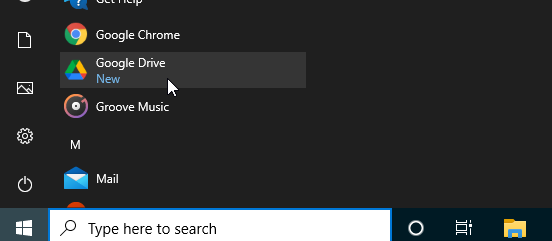 google drive start menu shortcut