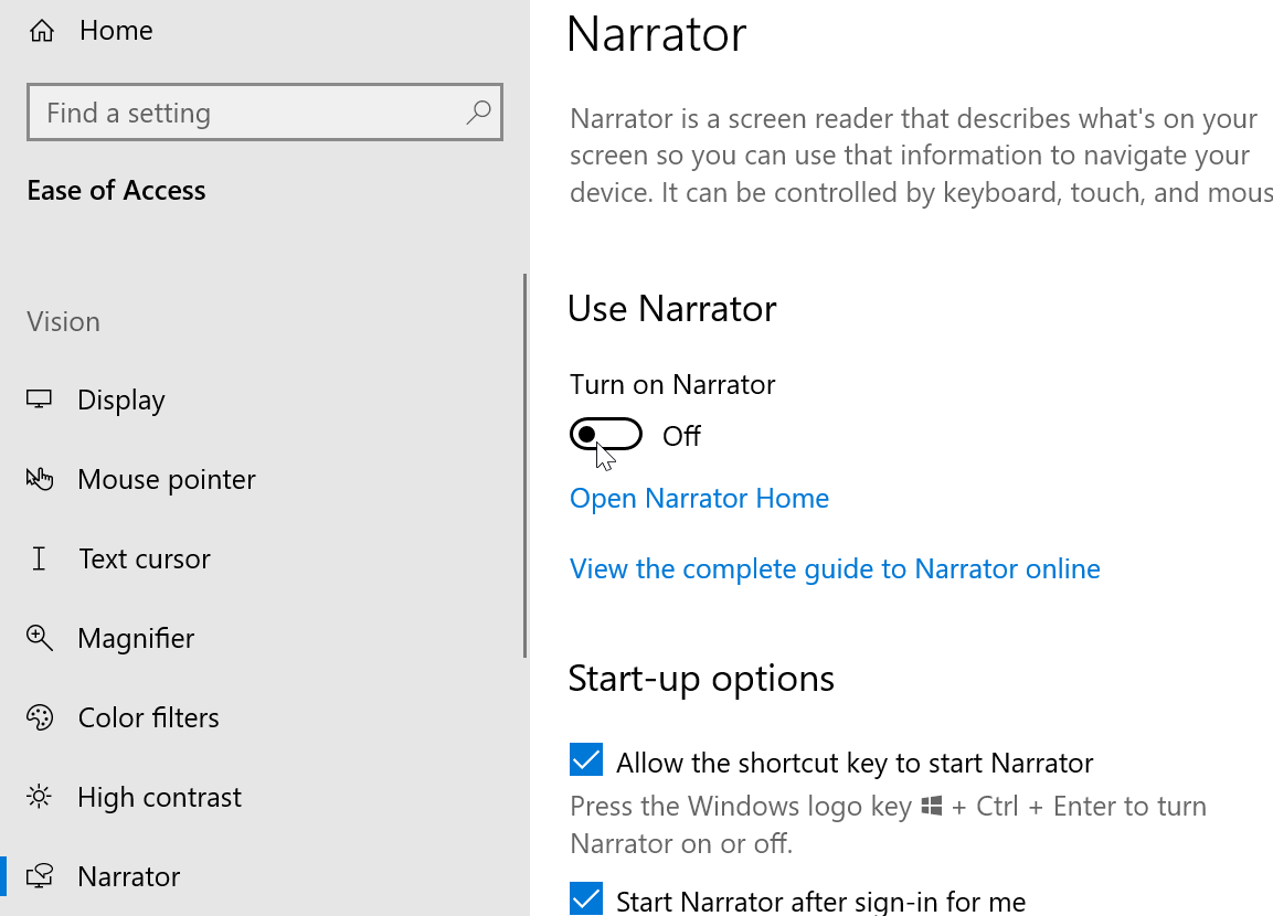 turn off the Turn on Narrator toggle switch