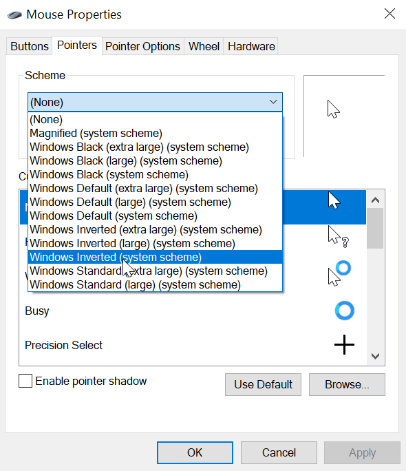 change mouse pointer windows 10