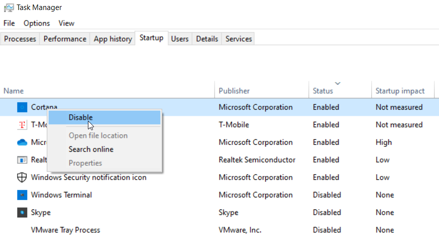 disable startup app windows task manager