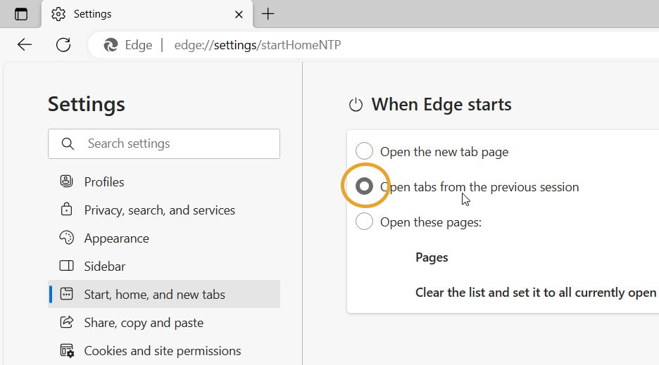 Microsoft Edge Open tabs from the previous session