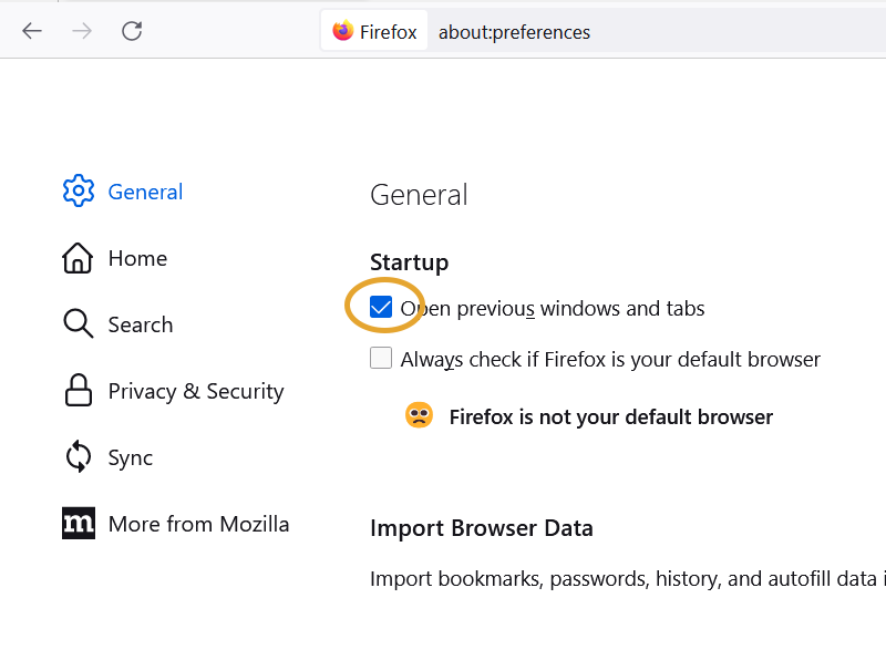 Open previous windows and tabs in Firefox