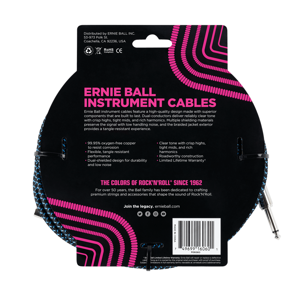 Braided Instrument Cable Straight/Angle 25ft - Black/Blue Back