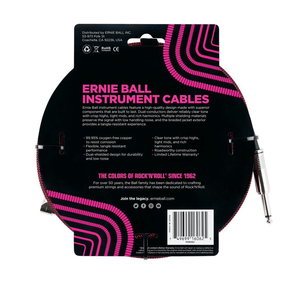 Braided Instrument Cable Straight/Angle 25ft - Black/Red Back