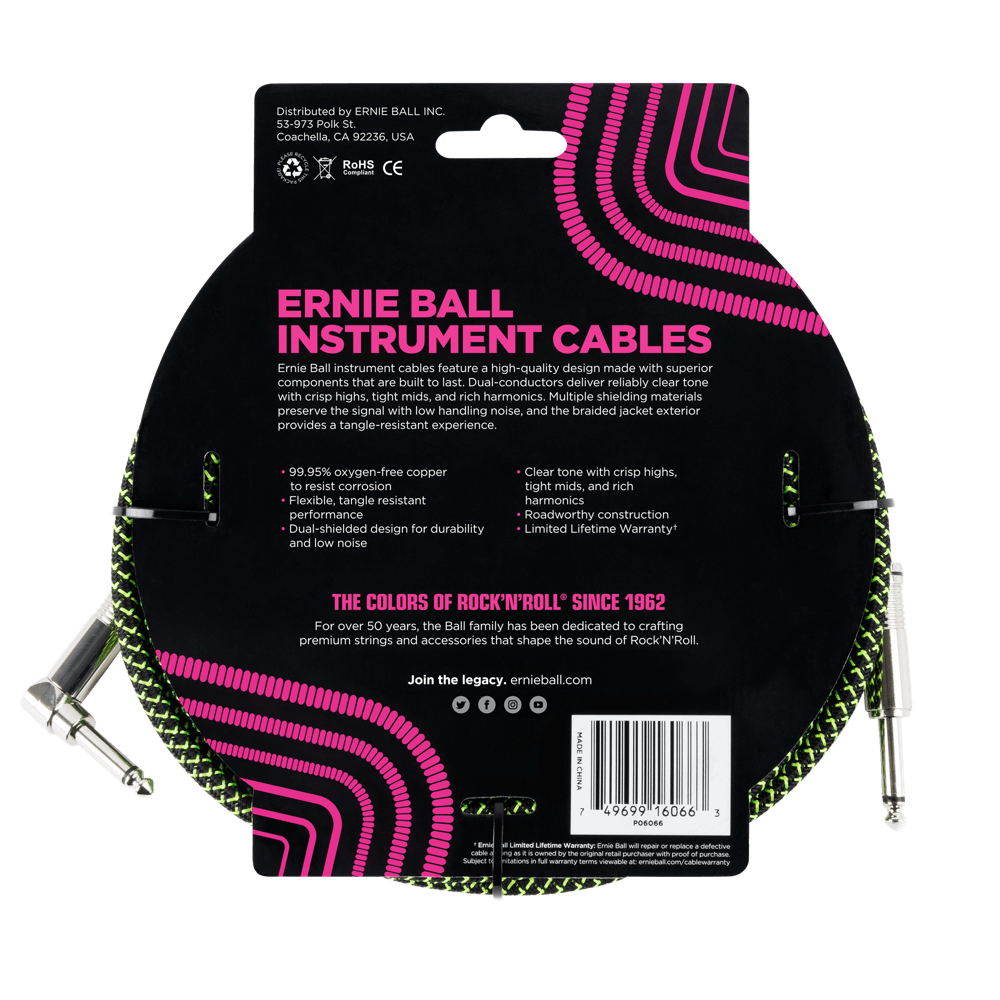 Braided Instrument Cable Straight/Angle 25ft - Black/Green Back