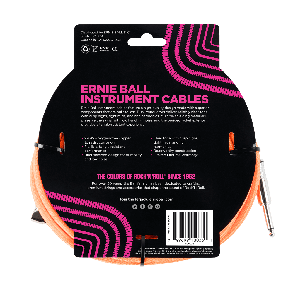 Braided Instrument Cable Straight/Angle 10ft - Neon Orange Back