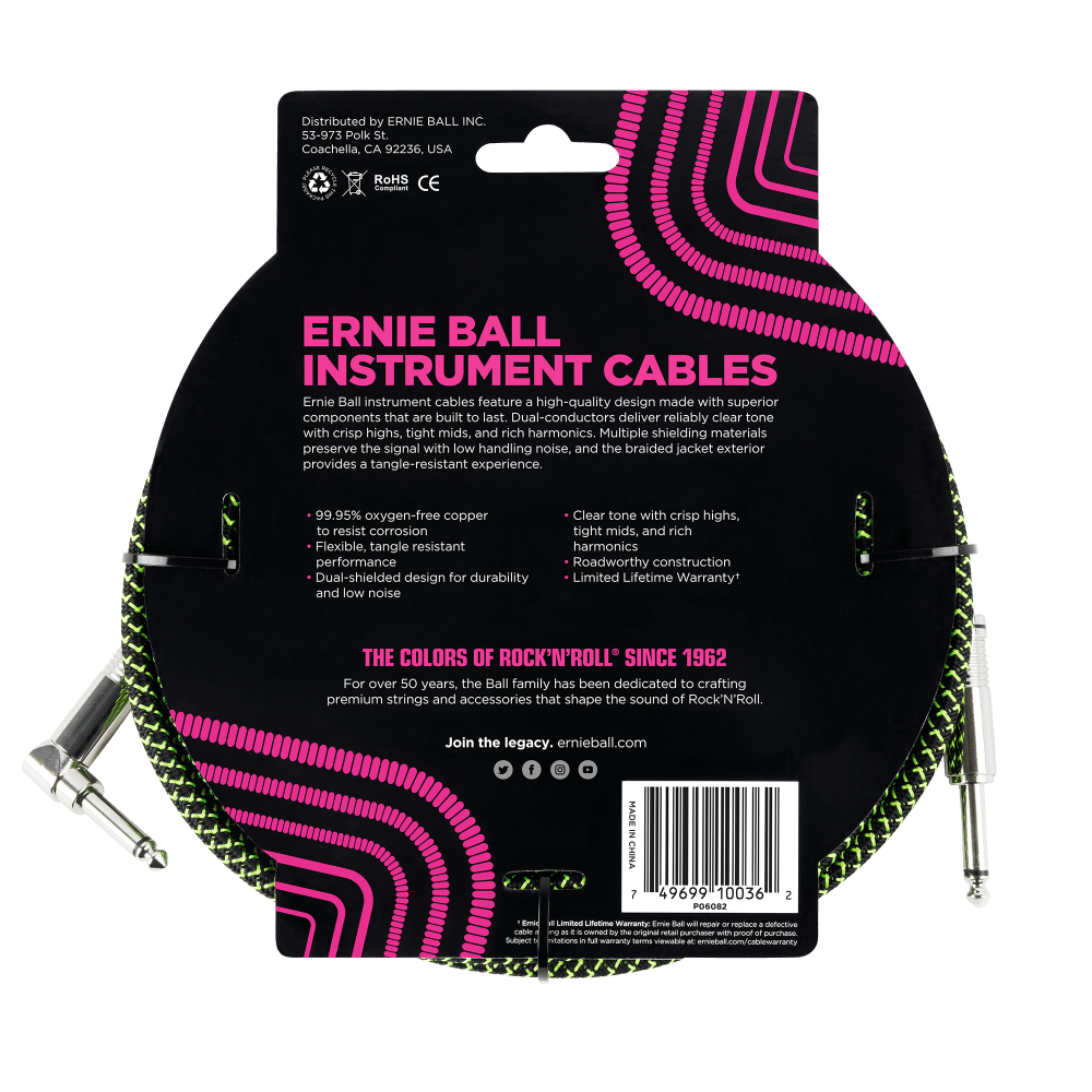 Braided Instrument Cable Straight/Angle 18ft - Black/Green Back