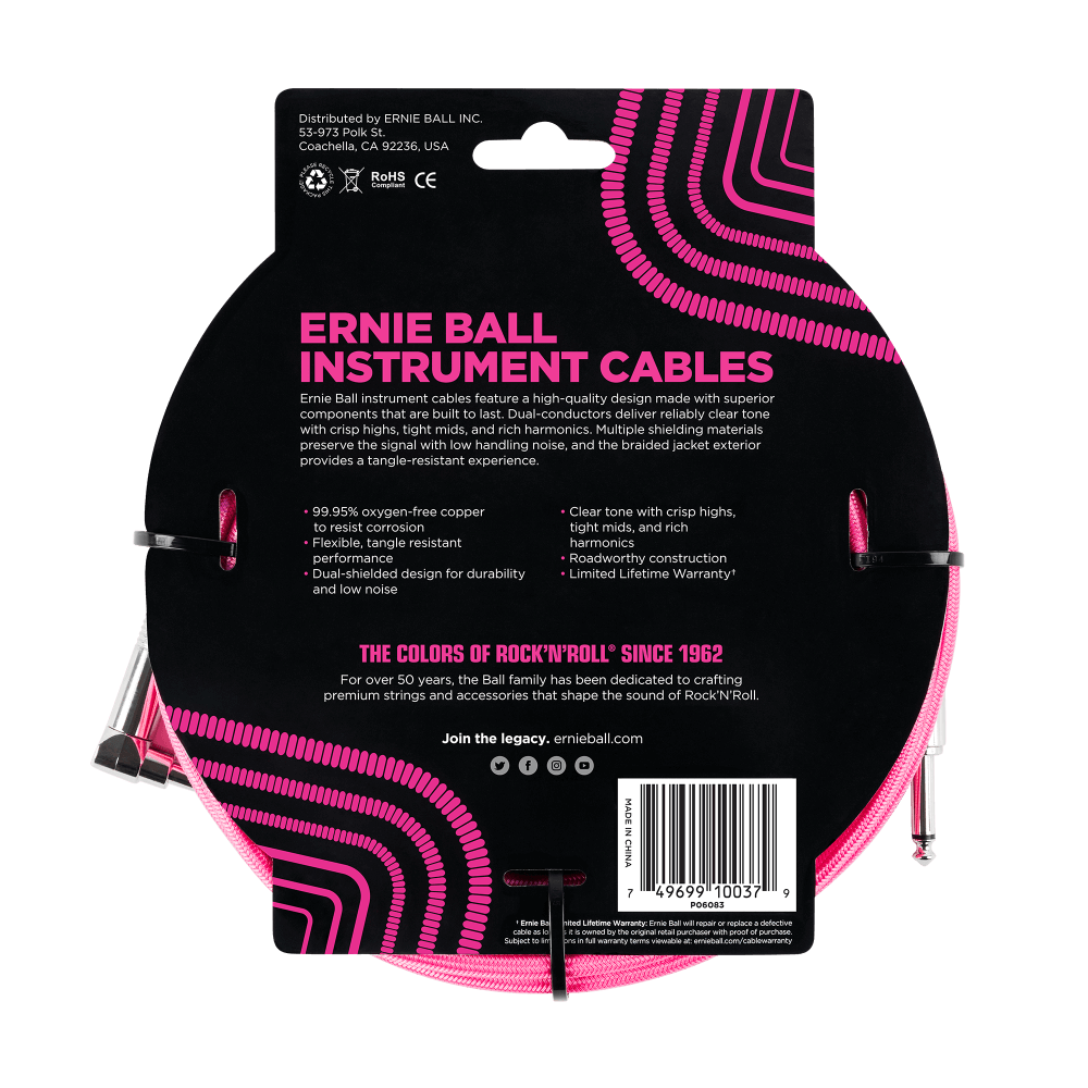 Braided Instrument Cable Straight/Angle 18ft - Neon Pink Back
