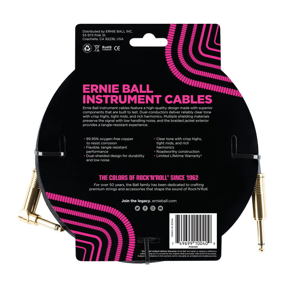 Braided Instrument Cable Straight/Angle 18ft - Black w/Gold Connectors Back