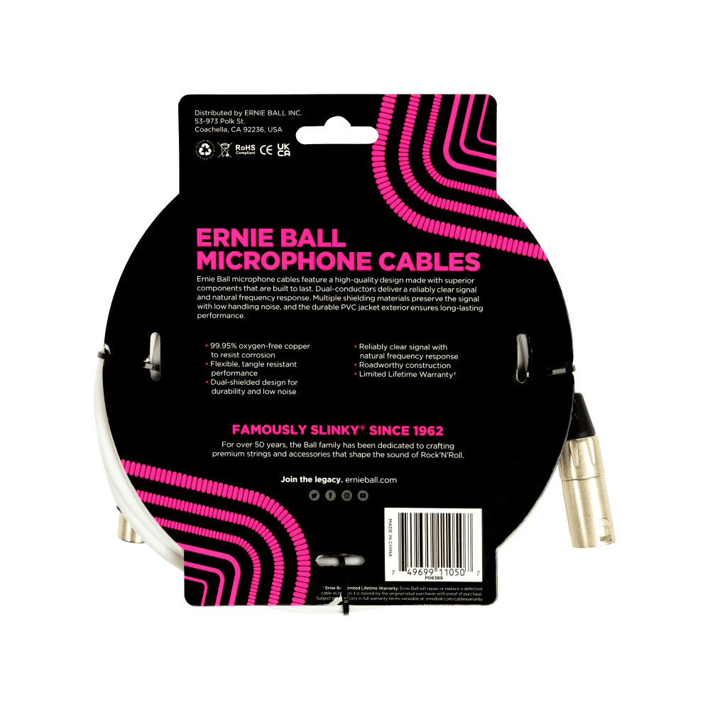 Classic XLR Microphone Cable Male/Female 20ft - White Back