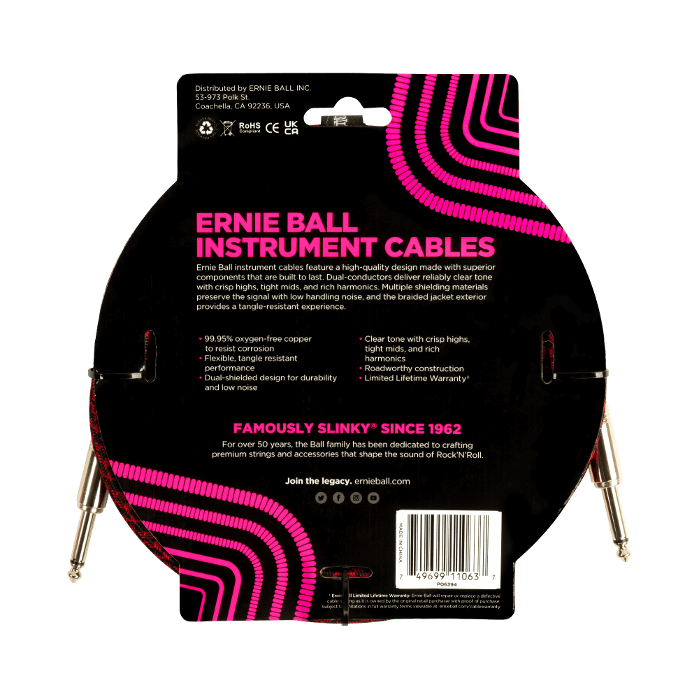 Braided Instrument Cable Straight/Straight 10ft - Red/Black Back