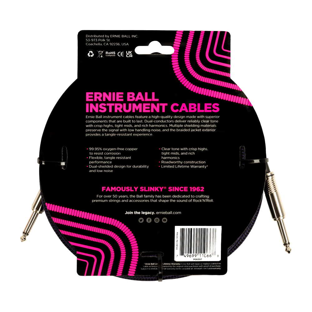 Braided Instrument Cable Straight/Straight 25ft - Purple/Black Back