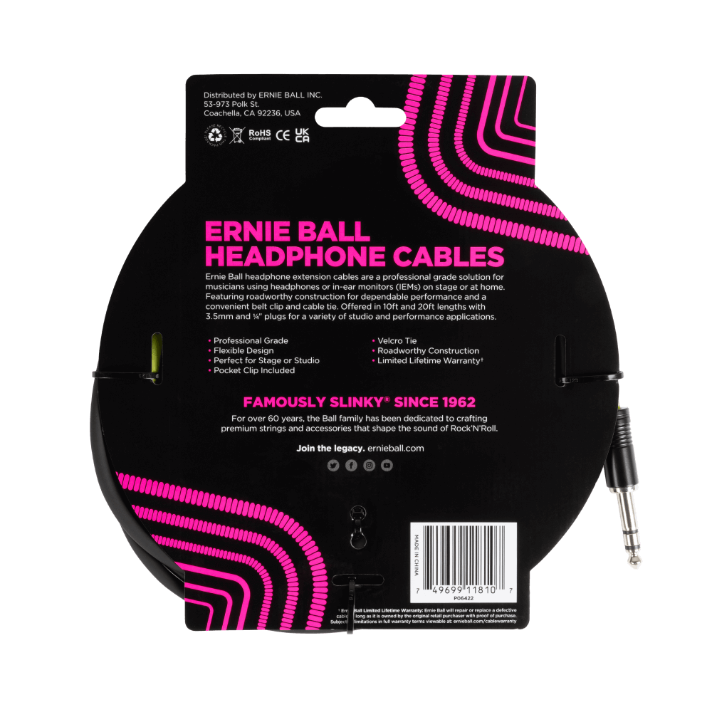 Headphone Extension Cable 1/4 to 3.5mm 10ft - Black Back
