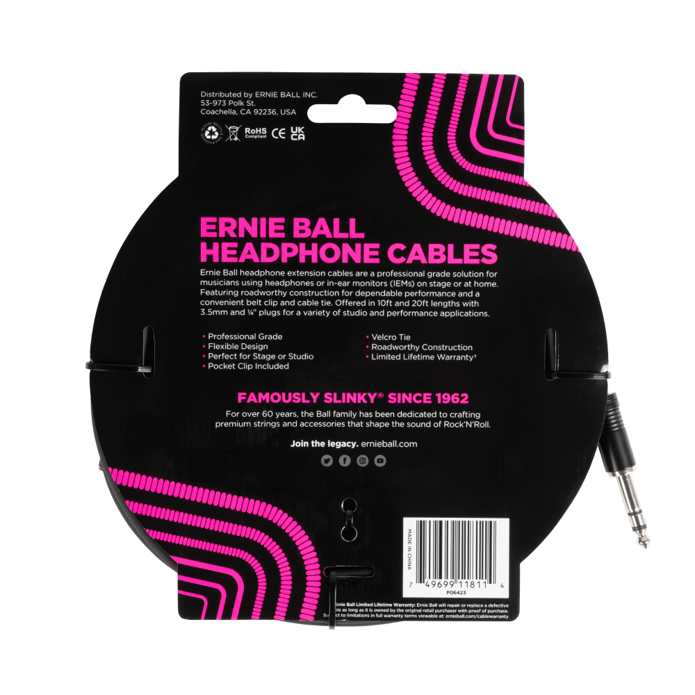 Headphone Extension Cable 1/4 to 3.5mm 20ft - Black Back