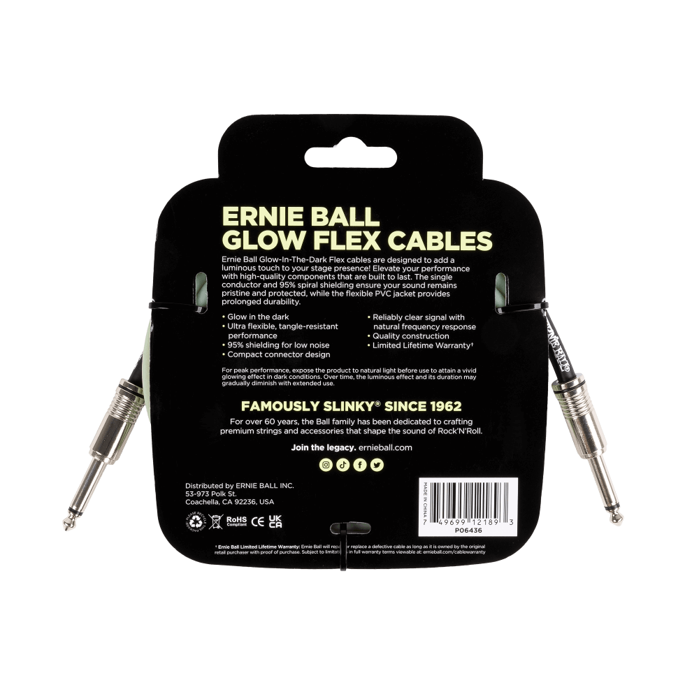Flex Instrument Cable Straight/Straight 10ft - Glow in Dark Back