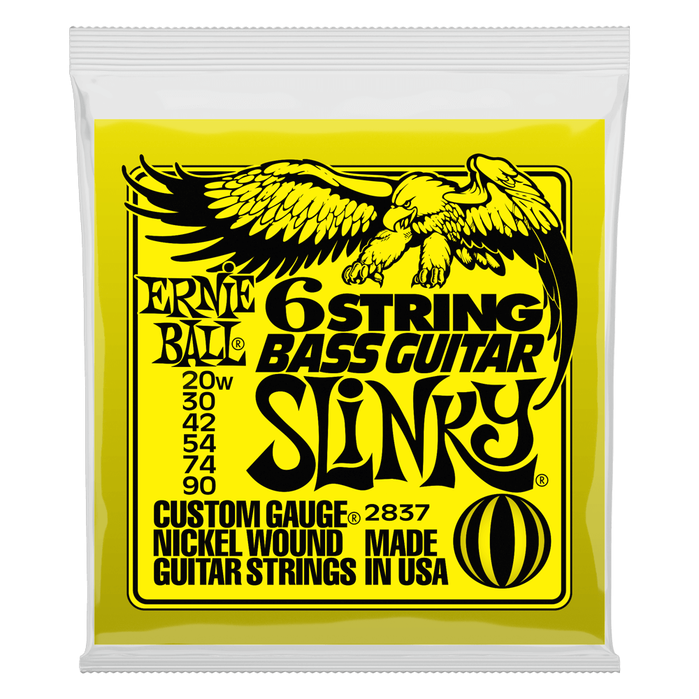 Encordadura para bajo eléctrico de 6 cuerdas Ernie Ball Slinky con arillo pequeño, escala 29 5/8", calibre 20-90. Front