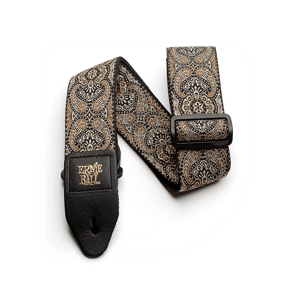Classic Jacquard Guitar Strap/Bass Strap - Gold & Black Paisley Front