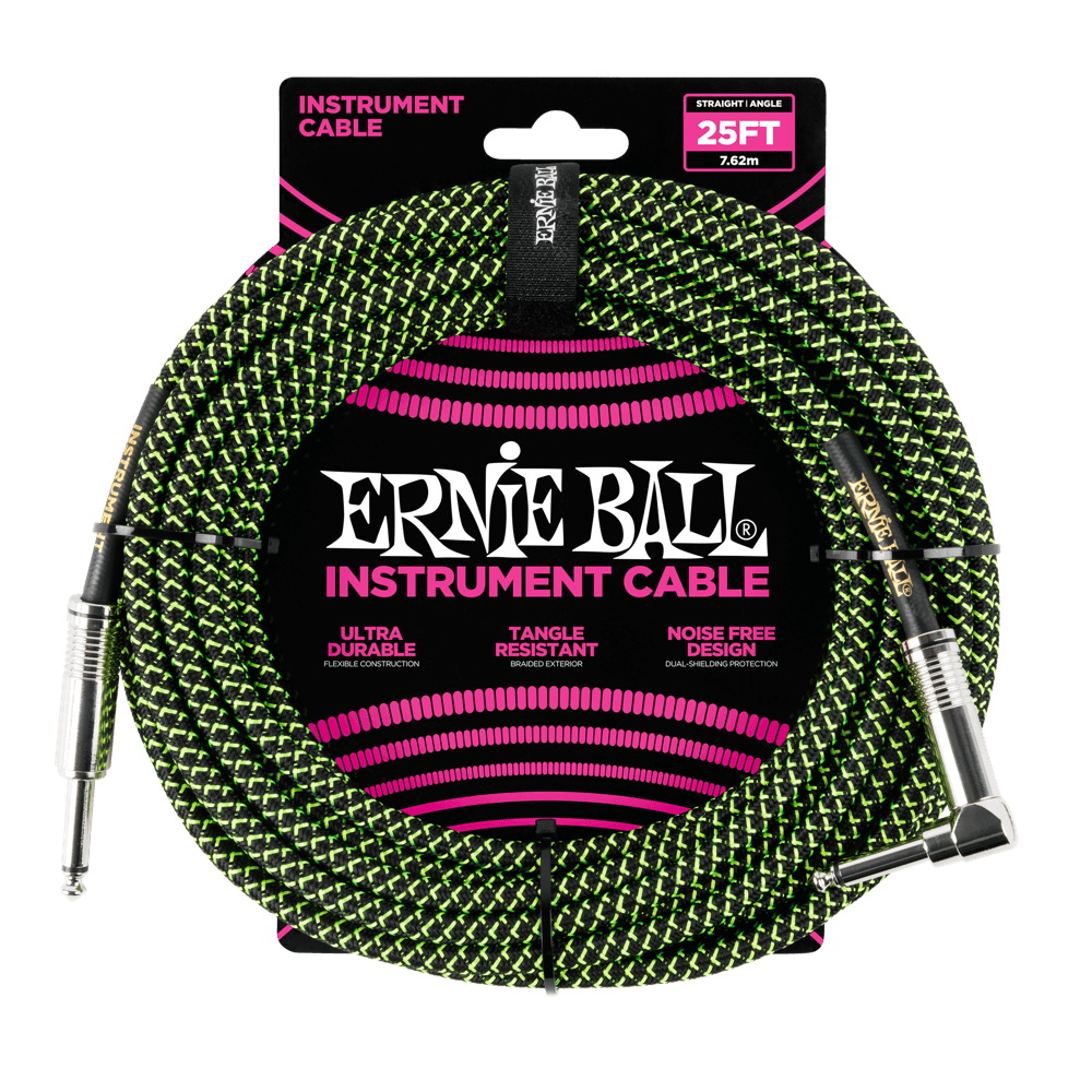 Braided Instrument Cable Straight/Angle 25ft - Black/Green Front