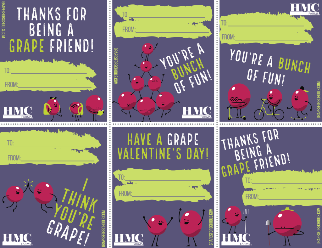 6 valentines featuring grape characters with phrases like "I think you're grape" and "Thanks for being a grape friend"