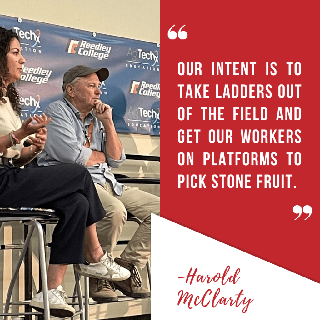 Two people sitting on a panel with quote on the right side