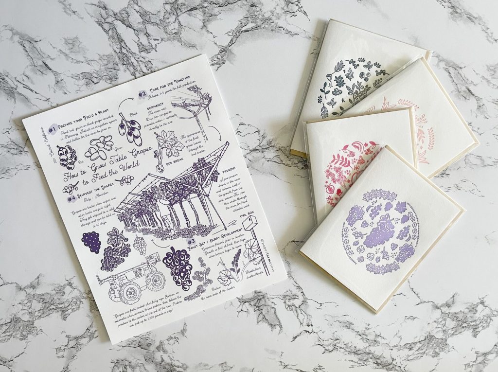 Artwork with instructions on growing grapes with 4 greeting cards depicting fruit on the right side
