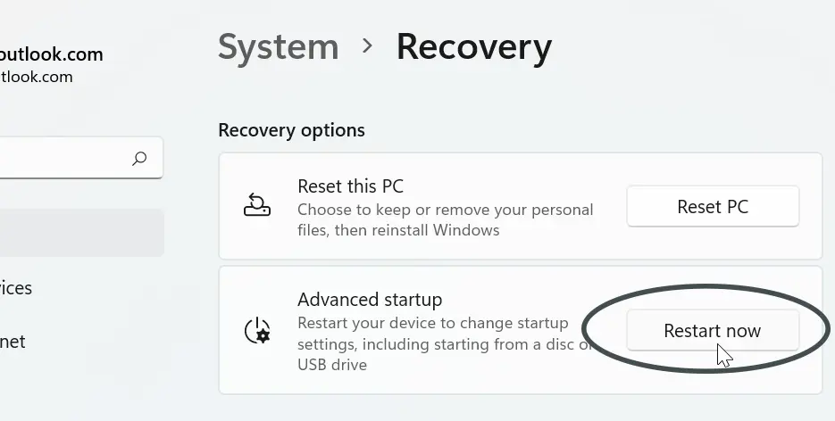 Advanced startup Restart now