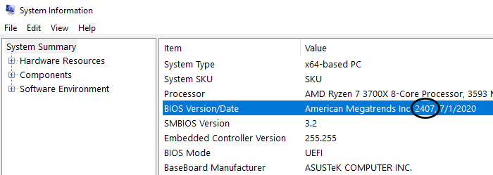 Bios version in system information app