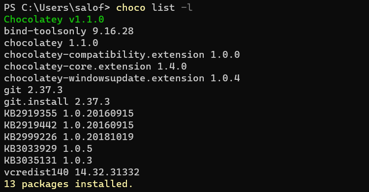 chocolatey list installed packages