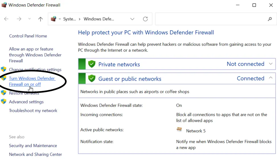 Turn Windows Defender Firewall on or off